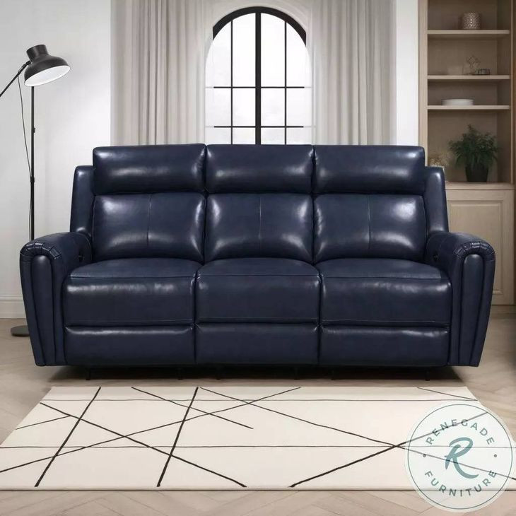 Jonathan Blue Leather Lay Flat Power Reclining Living Room Set with USB Charging