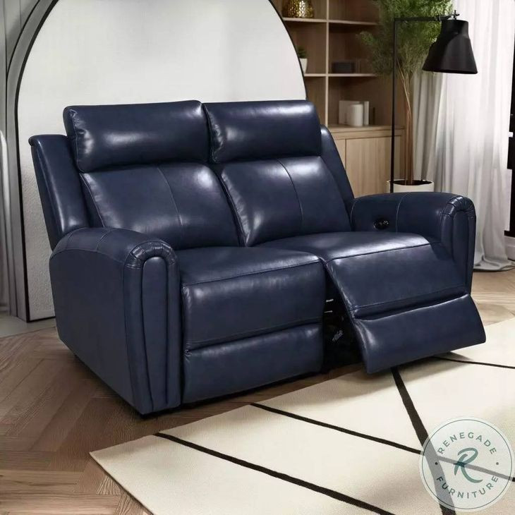 Jonathan Blue Leather 61" Lay Flat Power Reclining Loveseat with Power Headrest and USB Charging