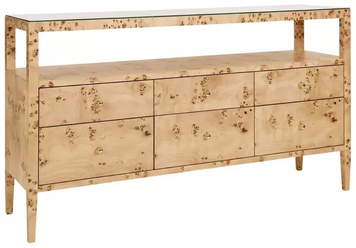 Jordan Matte Burl Wood 6 Drawer Tv Stand With Open Shelf
