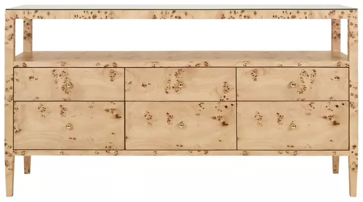Jordan Matte Burl Wood 6 Drawer Tv Stand With Open Shelf