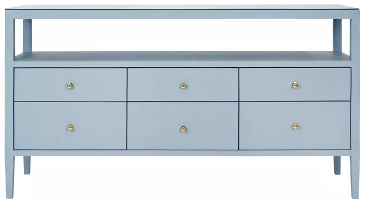 Jordan Textured Light Blue Linen 6 Drawer Tv Stand With Open Shelf