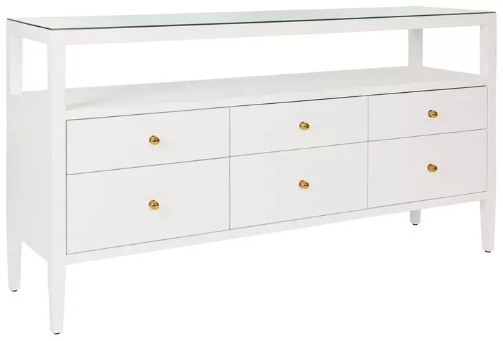 Jordan Textured White Linen 6 Drawer Tv Stand With Open Shelf
