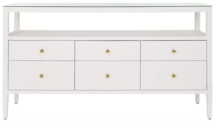 Jordan Textured White Linen 6 Drawer Tv Stand With Open Shelf