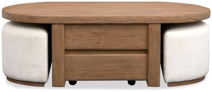 Silveroak Golden Oat and Beige Oval Lift Top Cocktail Table with 2 Upholstered Stools