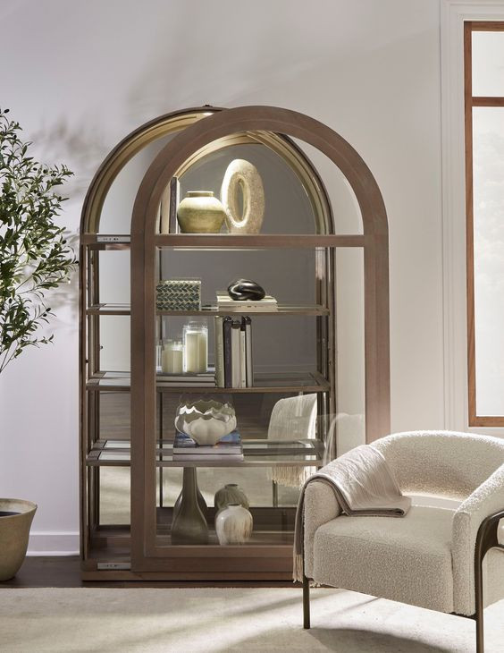 Medley Brown Arch 1 Sliding Door Curio Cabinet with LED Lighting