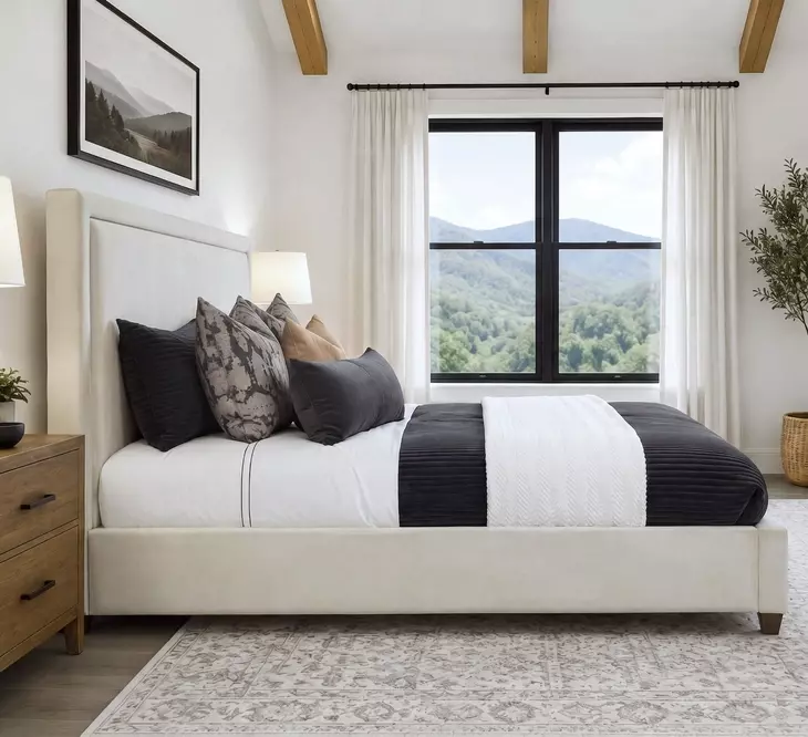 Kimberly Mystical Linen and Dark Brown King Upholstered Panel Bed