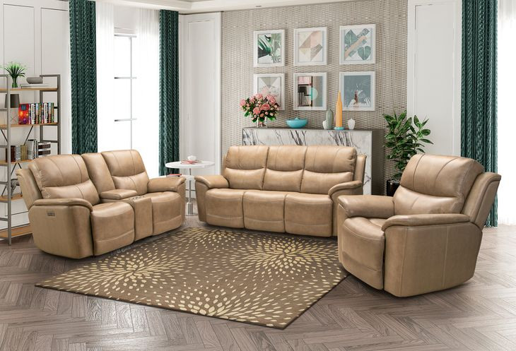 Kaden Elliott Taupe Leather Power Reclining Living Room Set with Power Lumbar and USB Charging