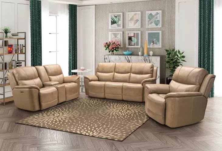 Kaden Elliott Taupe Leather Power Reclining Living Room Set with Power Lumbar and USB Charging