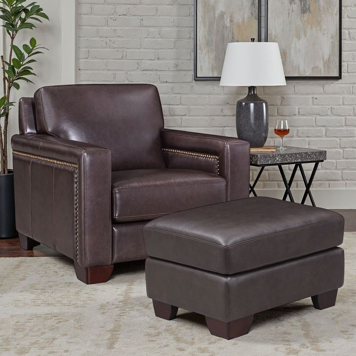 Kathleen Brown Leather Upholstered Lounge Chair with Nailhead Trim