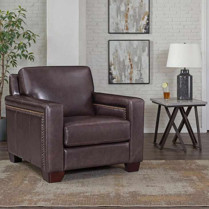 Kathleen Brown Leather Upholstered Lounge Chair with Nailhead Trim
