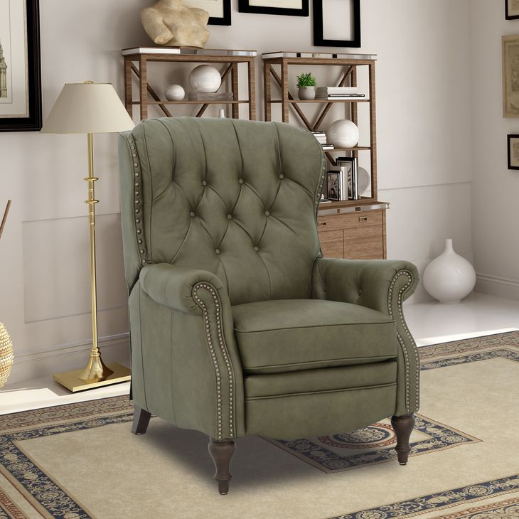 Kendall Oasis Olive Leather Push Thru The Arms Recliner with Nailhead Trim