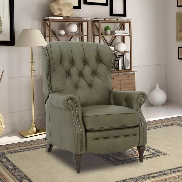 Kendall Oasis Olive Leather Push Thru The Arms Recliner with Nailhead Trim