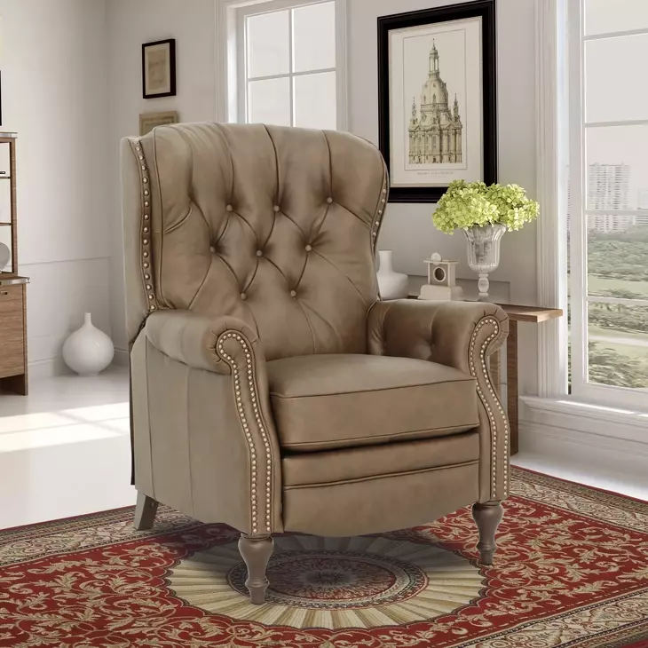 Kendall Oasis Walnut Leather Push Thru The Arms Recliner with Nailhead Trim