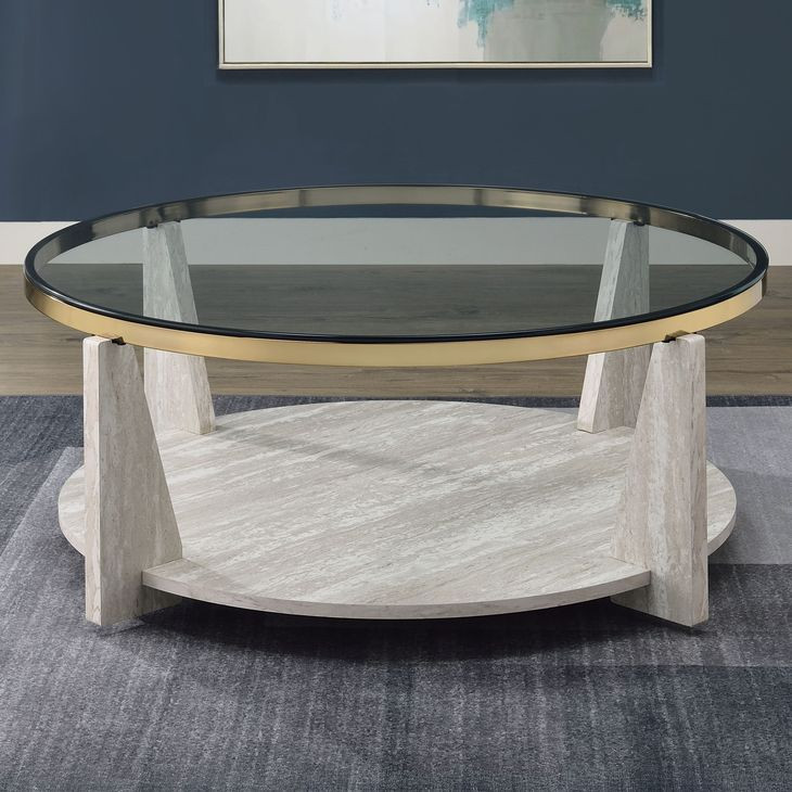 Wanda Beige Round Glass Top Coffee Table with Casters