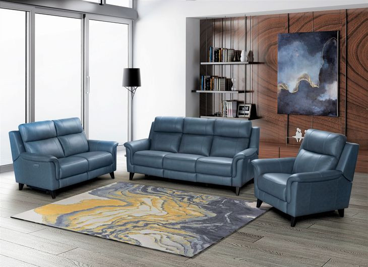 Kester Masen Bluegray Leather Power Reclining Living Room Set with Power Headrest and USB Charging