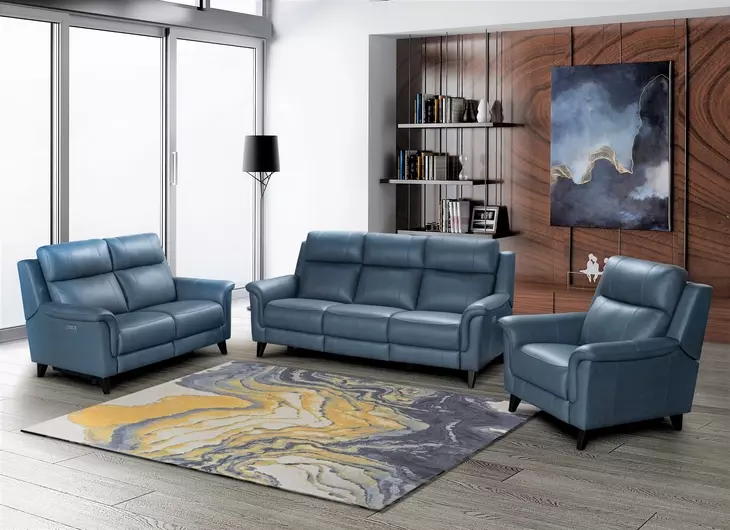 Kester Masen Bluegray Leather Power Reclining Living Room Set with Power Headrest and USB Charging
