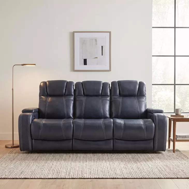 Keziah Blue Double 84" Power Reclining Sofa with Power Headrests And Storage Arms