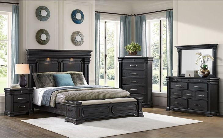 Paterson Black and Gray Upholstered Storage Bedroom Set with LED