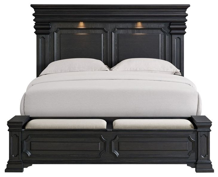 Paterson Black and Gray King Upholstered Storage Panel Bed with LED