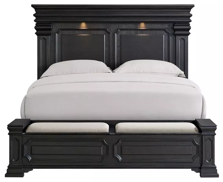 Paterson Black and Gray King Upholstered Storage Panel Bed with LED