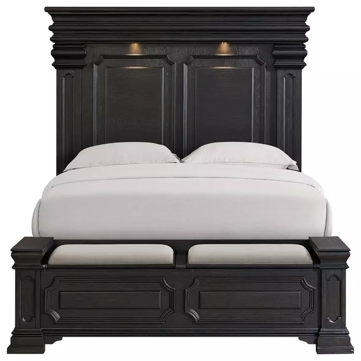 Paterson Black and Gray Queen Upholstered Storage Panel Bed with LED