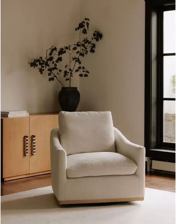 Linden Soft Beige Upholstered Swivel Accent Chair