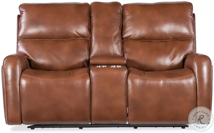 Crosby Brown Leather Zero Gravity Power Reclining Console Loveseat with Power Headrest And Lumbar