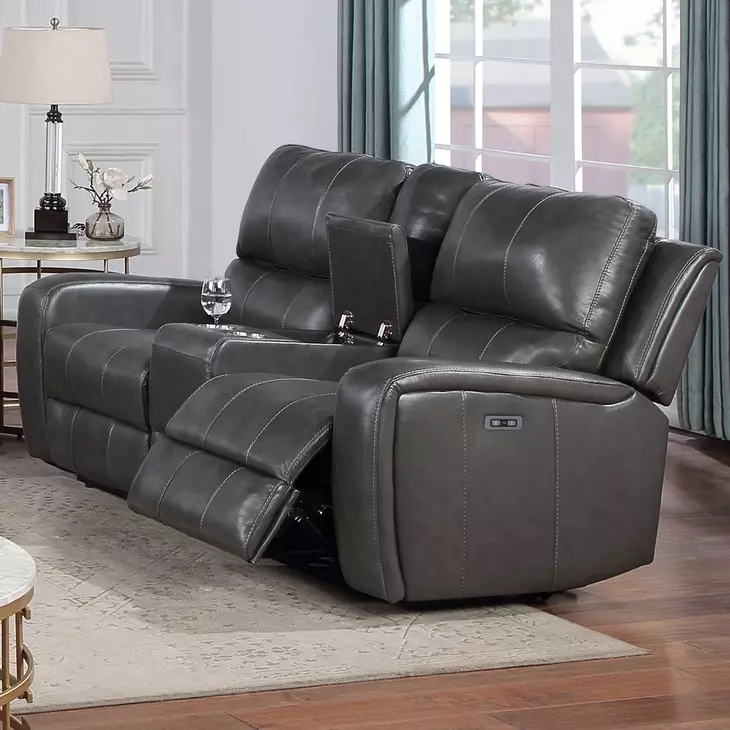 Linton Gray Leather Power Reclining 72" Console Loveseat With Power Footrest