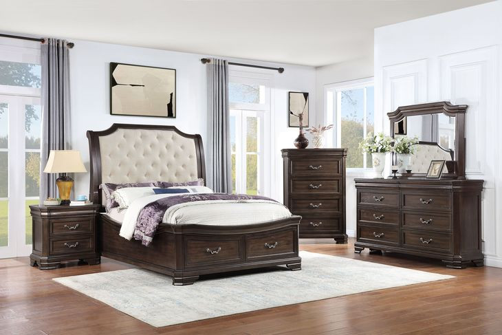 Lyndhurst Walnut and Beige Upholstered Storage Sleigh Bedroom Set