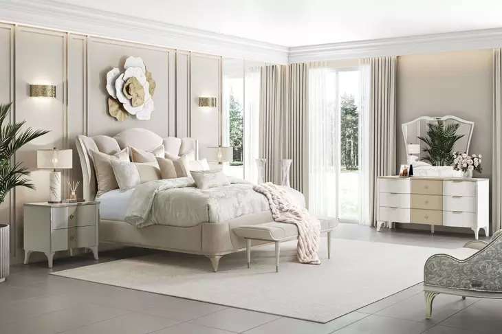 La Marisia Tranquil and Champagne Gold King Upholstered Bed with