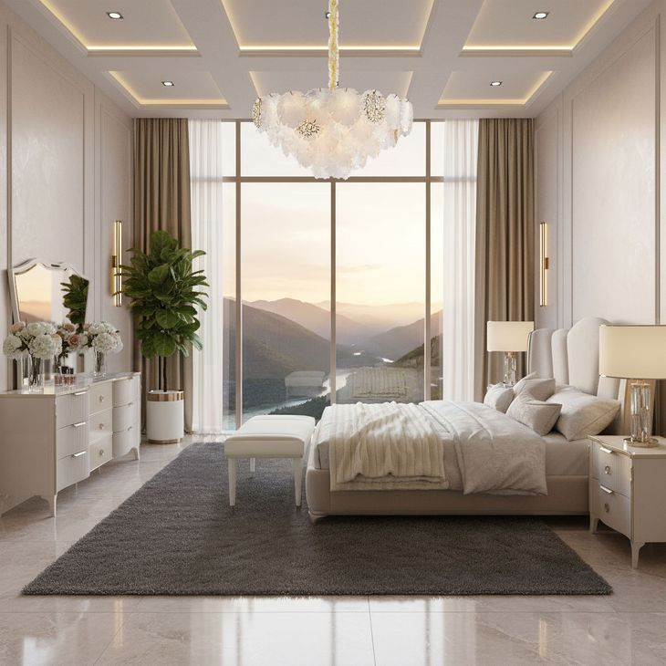La Marisia Tranquil and Champagne Gold Queen Upholstered Bed with USB Charging