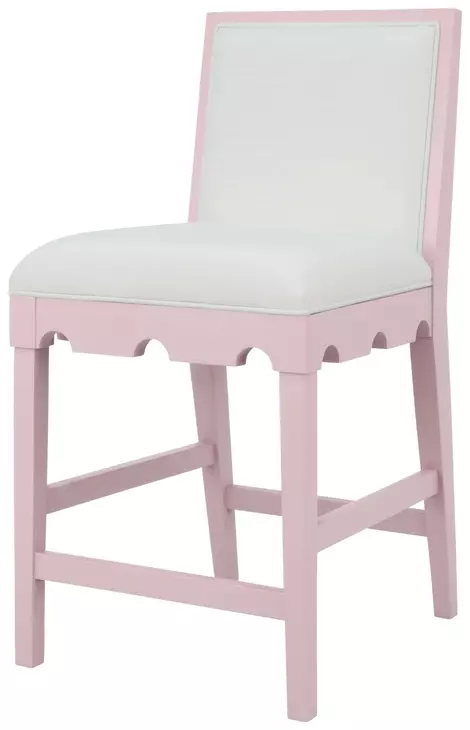 Lanister White Linen Performance Fabric Counter Height Stool With Matte Pink Lacquer Frame