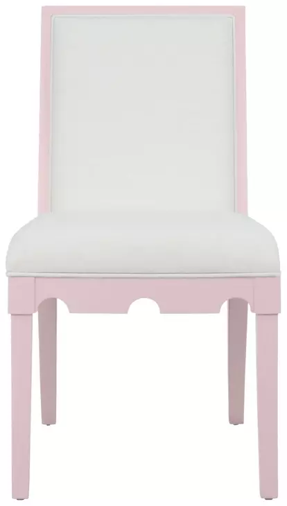 Lanister White Linen Performance Fabric Dining Chair With Matte Pink Lacquer Frame