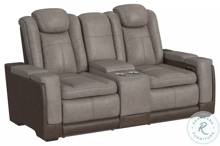 Niven Grey And Brown Power Reclining Loveseat with Adjustable Headrest