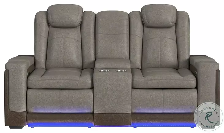 Niven Grey And Brown Power Reclining Loveseat with Adjustable Headrest