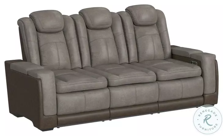 Niven Grey And Brown Power Reclining Sofa with Adjustable Headrest