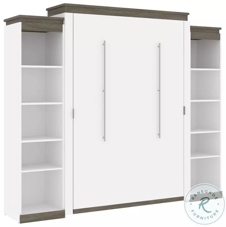 Orion White And Walnut Grey 104" Queen Murphy Bed With 2 Narrow Shelving Units