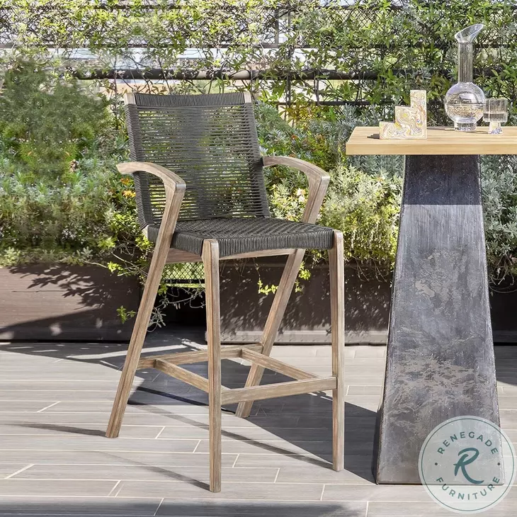 Brielle Outdoor Light Eucalyptus Wood and Charcoal Rope Bar Stool