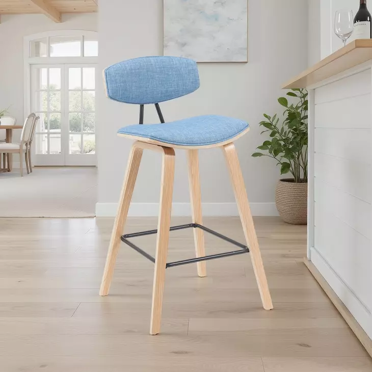 Fox Oak and Light Blue Upholstered Bar Stool