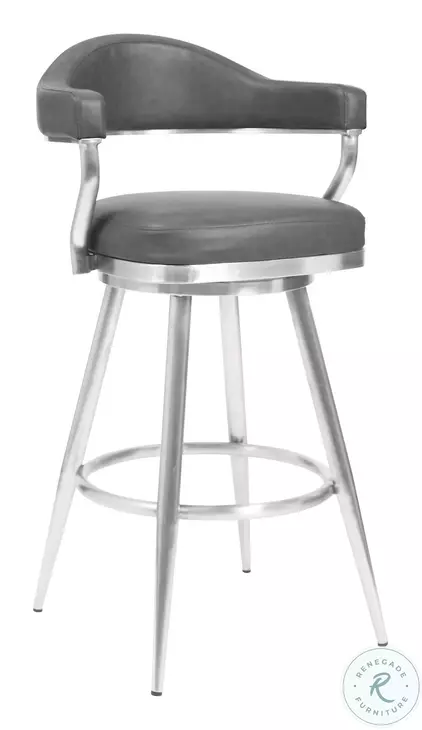 Amador Brushed Stainless Steel And Vintage Gray Faux Leather 30" Bar Stool