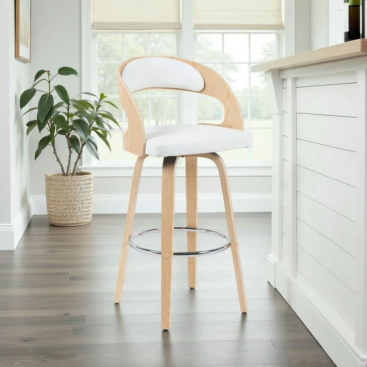 Shelly Oak and White Upholstered Swivel Bar Stool