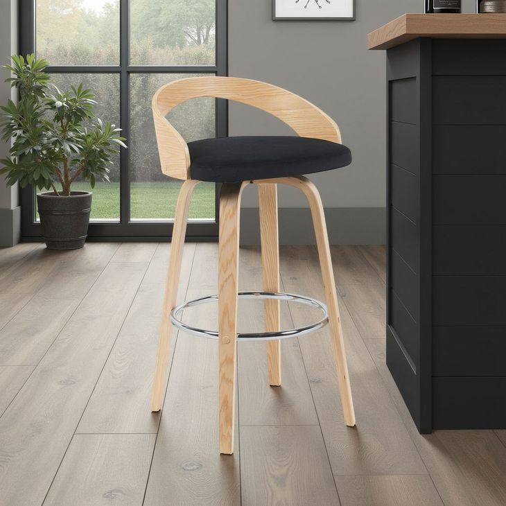 Sonia Oak and Black Upholstered Swivel Bar Stool