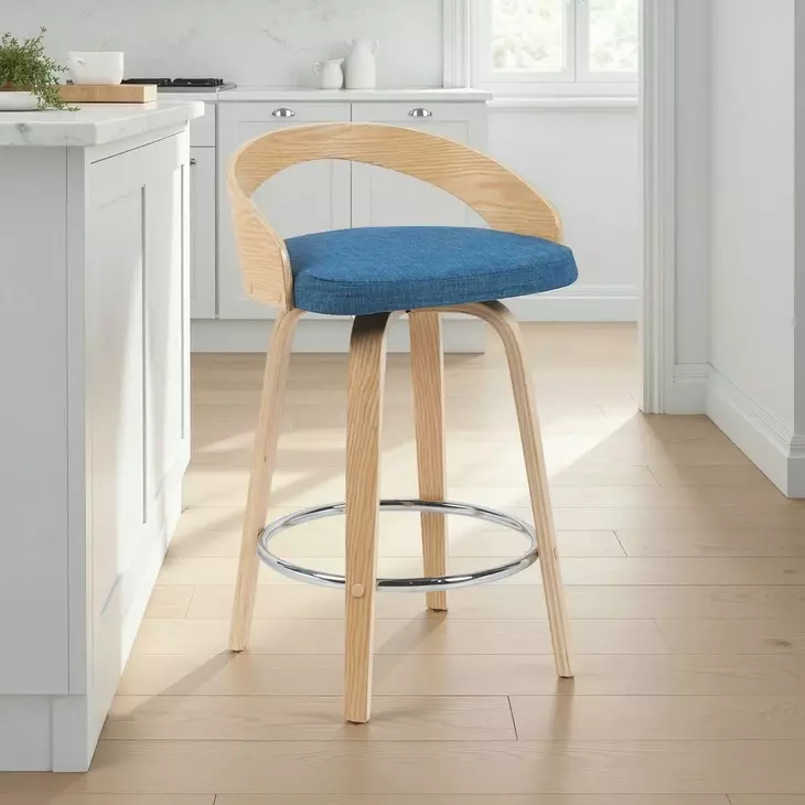 Sonia Oak and Blue Upholstered Swivel Counter Height Stool