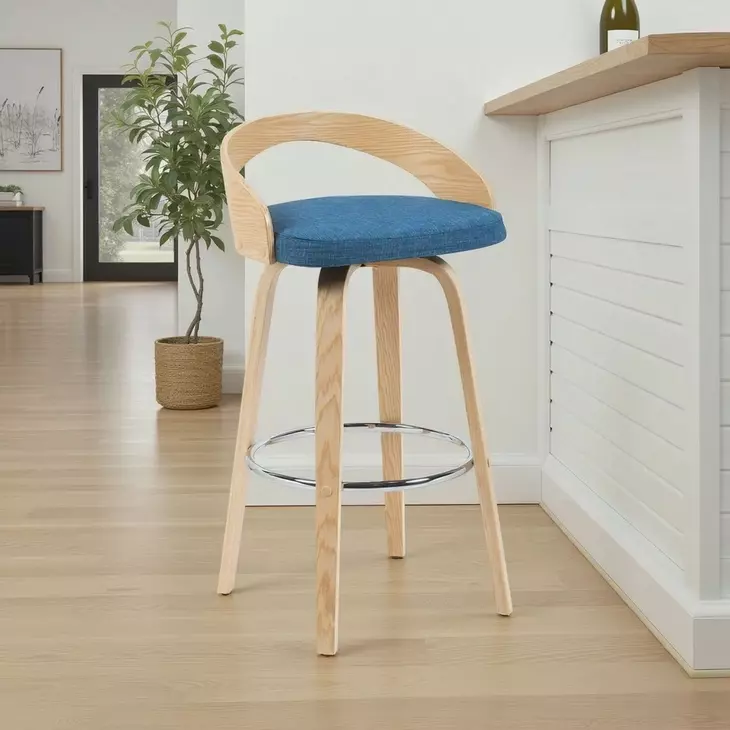 Sonia Oak and Blue Upholstered Swivel Bar Stool