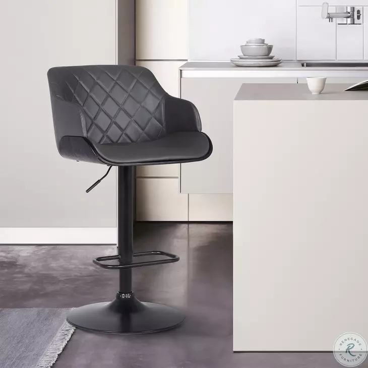 Toby Black Powder Coated With Grey Faux Leather Adjustable Bar Stool