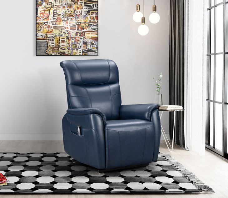 Leighton Marco Navy Blue Leather Lay Flat Power Lift Recliner with Power Headrest and Power Lumbar