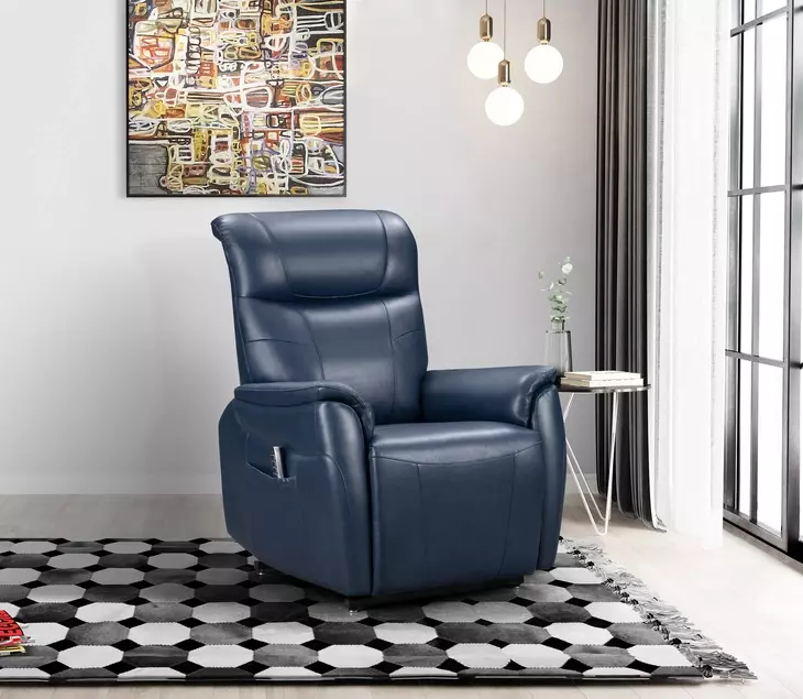 Leighton Marco Navy Blue Leather Lay Flat Power Lift Recliner with Power Headrest and Power Lumbar
