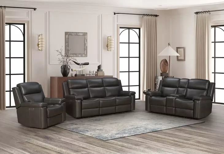 Leon Matteo Smokey Gray Leather Power Reclining Living Room Set with USB Charging