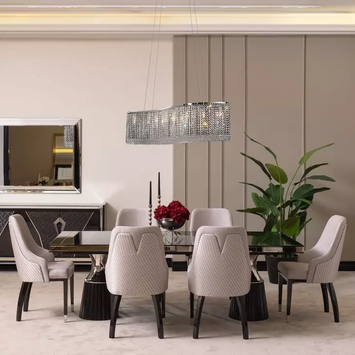 Carmela Glossy Charcoal Sand 113" Extendable Rectangular Dining Table