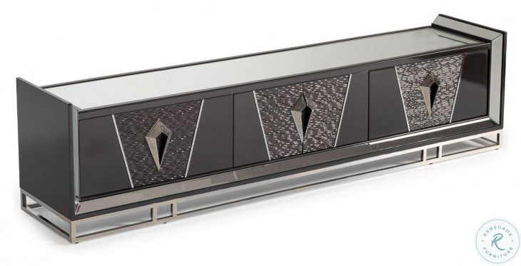 Monaco Elegance Glossy Charcoal Sand 95" Media Cabinet with 4 Storage Drawers